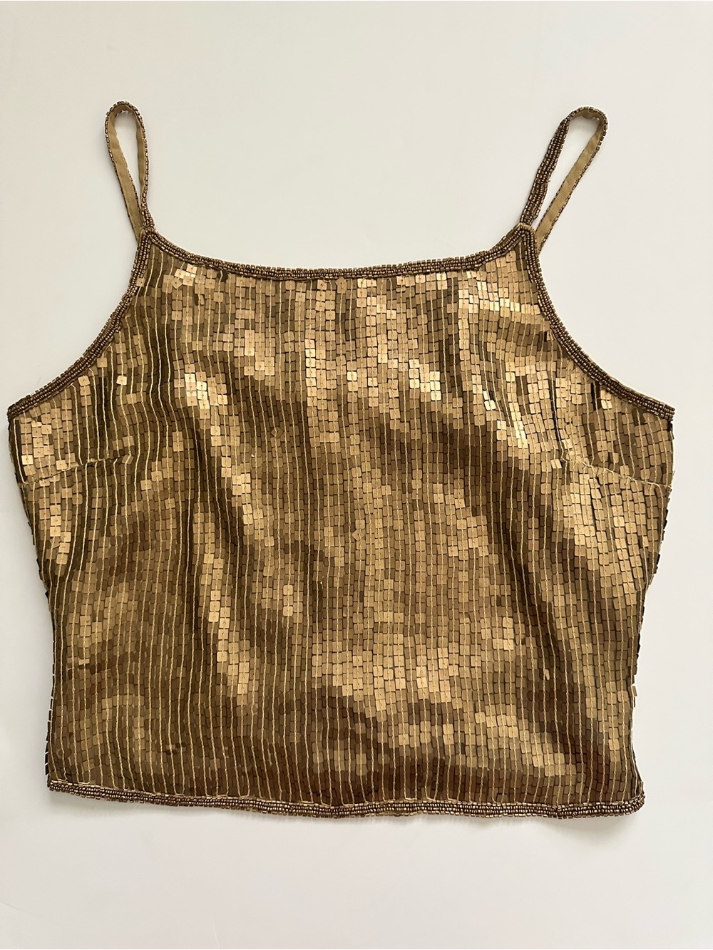90s Laurence Kazar Beaded Gold Sequin Evening Camisole with Spaghetti Straps